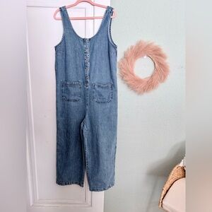Denim Button-Front Stright Leg Jumpsuit - Blue